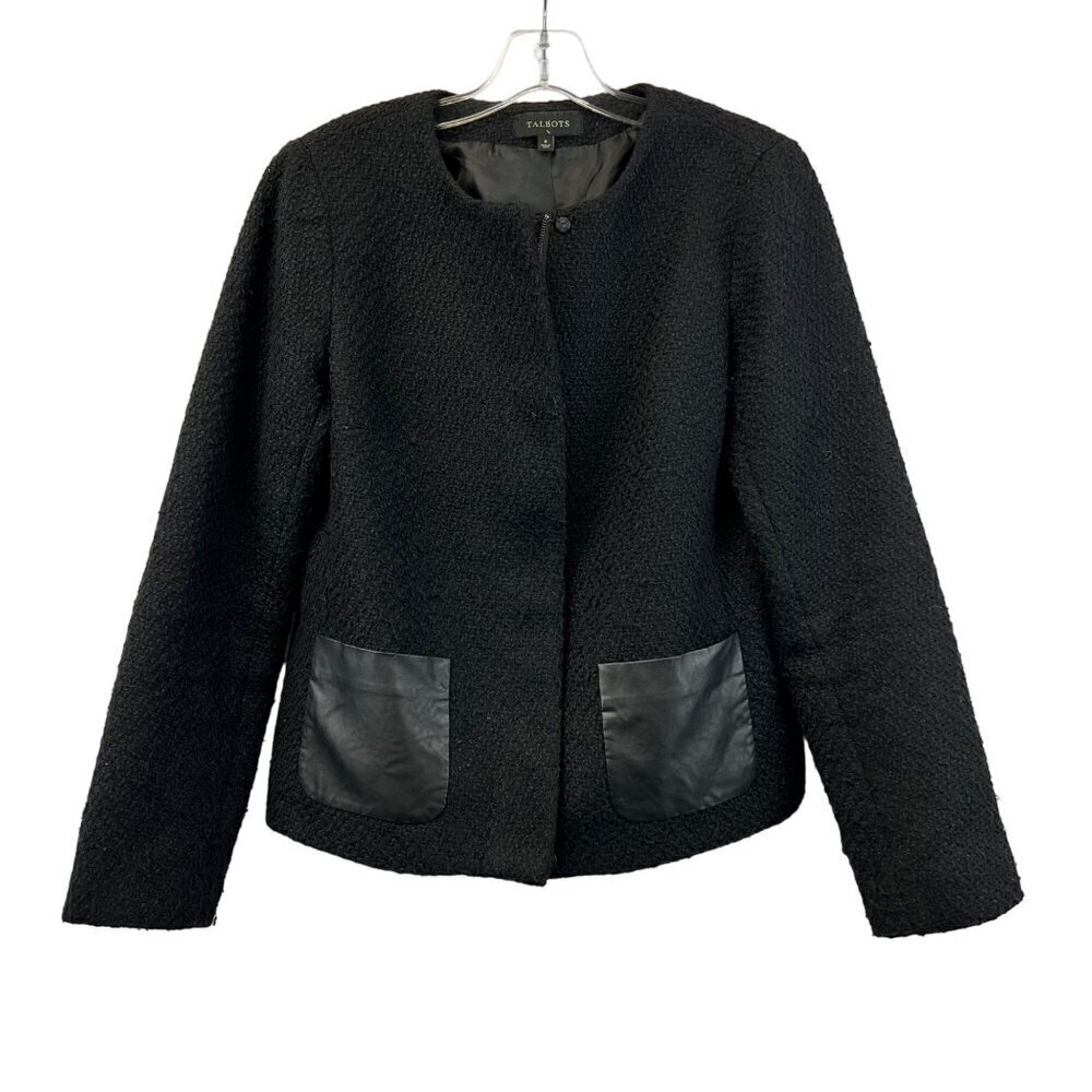 Talbots Womens Zip Up Faux Leather Pocket Wool Blend Blazer Black Sz 8